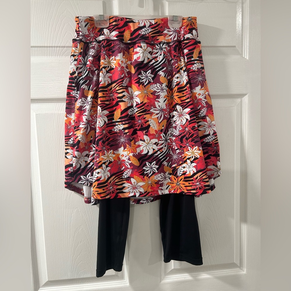 Floral Skirted Leggings in Black, White, Orange, Pink